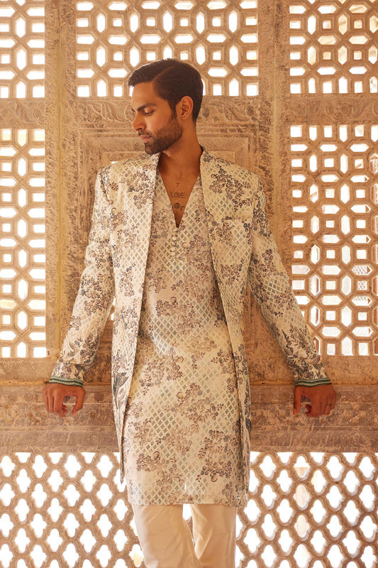 Rukham Printed Silk Sherwani - Ivory