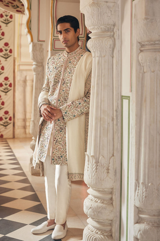 Avir Aari Embroidered Silk Sherwani - Cream