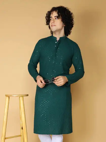 Men Chikan Embroidery Kurta (Green)