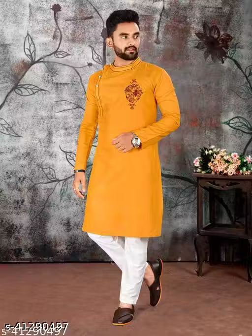 Yellow Mens Embroidered Kurta Pajama Set
