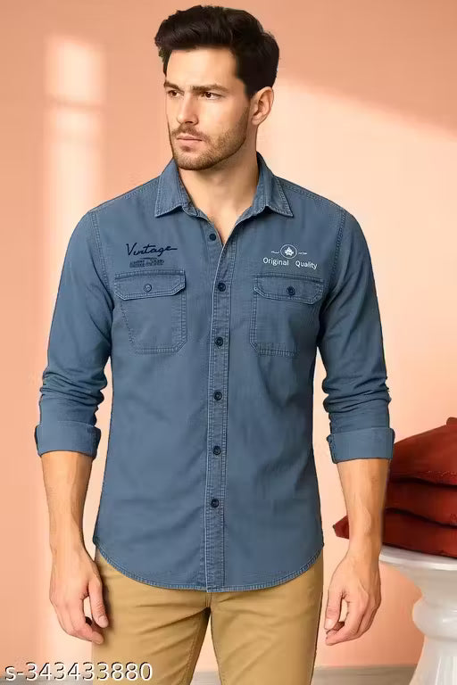 Men's Solid Spread Collar Blue Shirts