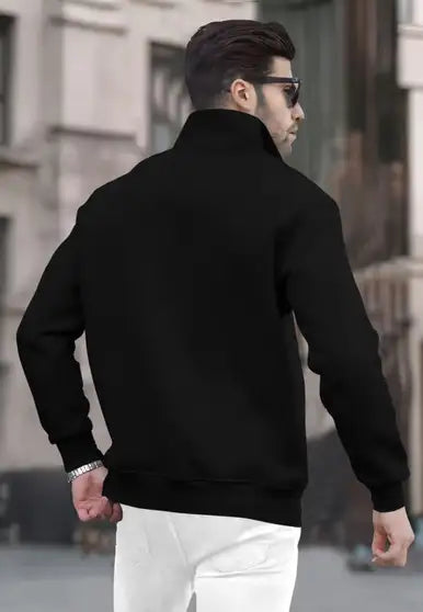 High Neck Casual Men Cotton Blend Black Sweater